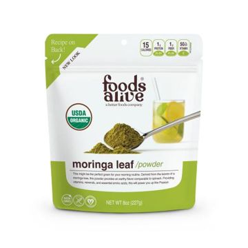FOODS ALIVE INC.: Foods Alive organic moringa leaf powder, 8oz pouch, UPC 8 91551 00092 8
