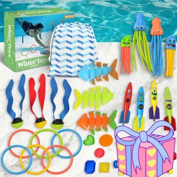 JOYFY 30pcs Pool Diving Toys for Kids - Summer Water Games Set with Fish Toys, Floating Rings & Storage Bag, Swim Party Favors for Backyard Pool Parties