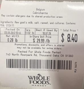 Whole Foods Market Issues Allergy Alert on Undeclared Egg in Cabricharme Cheese