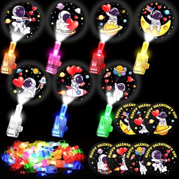 Gift for Her/Him Multi-Item Party Favor Packs 30 Pack LED Finger Lights Space Astronaut Themed with 30 Valentines Cards for Kids Classroom, Valentines Day Gifts